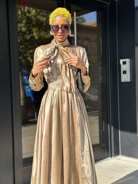 Pleated Gold  Dress Midi Long Sleeves With Tie