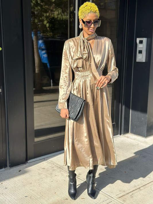 Pleated Gold  Dress Midi Long Sleeves With Tie